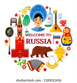 Colorfull traditional Russian attributes on white backgrounds. Vector illustration