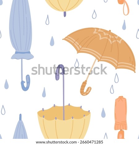 Colorfull umbrellas and raindrops on a white background vector illustration. Rain weather cute seamless pattern