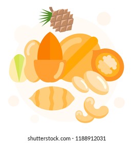 Colorfull vector banner with flat icons about mixed nuts, culinary and health nuts.