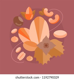 Colorfull vector banner with flat icons about mixed nuts, culinary and health nuts.