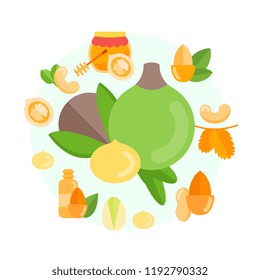 Colorfull vector banner of nuts, oil and honey.