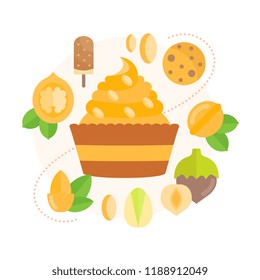 Colorfull vector banner sweets and nuts. Banner for culinary and menu.