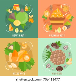 Colorfull vector banners with flat icons about mixed nuts. 