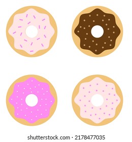 Colorfull vector donats. Strawberry donut, chocolate donut, glazed donuts. Food illustration. 