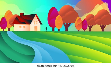 Fondo del Vector de Paisaje de Vista de Aldea Colorida
