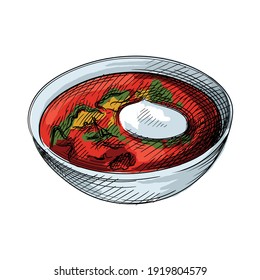 Colorfull watercolor Hand drawn sketch of borscht with sour cream inside on a white background. Russian cuisine. Food and meals.	
