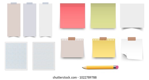 Colorfull and white stickers square. Blank colorful sticky notes set. Sticky reminder notes realistic colored paper sheets office papers with shadow. Yellow pencil vector.