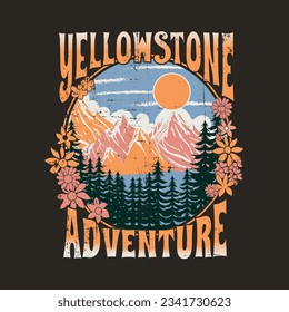 Colorfull Yellowstone Adventure outdoors prints, Mountain camping. Adventure vintage print design for t shirt and others. National park graphic artwork for sticker, poster, background.