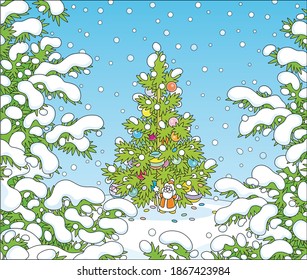 Colorfully decorated Christmas tree with shining balls, bright garlands and a small toy Santa Claus on a pretty white glade in a snow-covered winter forest, vector cartoon illustration