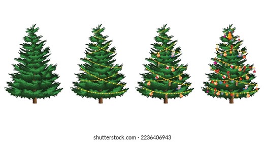 Árboles de Navidad decorados con colores contra un fondo blanco. Árbol de Navidad con adornos coloridos, aislado en blanco. Colección de decoraciones navideñas y regalos navideños.