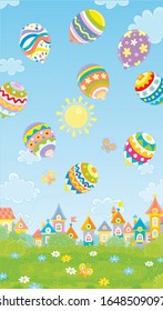 Colorfully decorated Easter balloons flying in the blue sky above a small toy town on a sunny spring day, vector cartoon illustration