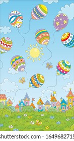 Colorfully decorated Easter balloons flying in the blue sky above a small toy town on a sunny spring day, vector cartoon illustration