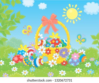 Colorfully decorated Easter basket and painted eggs among flowers on a sunny spring day, vector illustration in a cartoon style