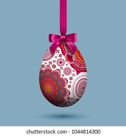 Colorfully decorated Easter egg hanging from a bow, greeting card, eps10 vector