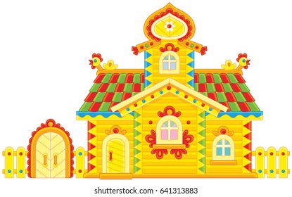 Colorfully decorated log cabin from a fairy tale