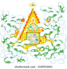 Colorfully decorated log house from a fairytale among snow-covered fir trees, vector illustration in a cartoon style