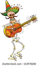 Colorfully decorated skeleton with a big Mexican hat and a huge mustache when smiling and playing guitar animatedly