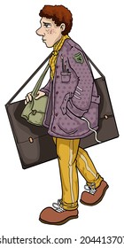 Colorfully dressed young man with a big paper folder and a canvas bag, going to art school, vector illustration