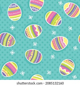 Colorfully illustrated Easter eggs scattered across a teal background. This springtime pattern repeats seamlessly and would be perfect for backgrounds and surface designs.