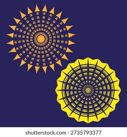 Colorfully mandalas Vector. Number two 2. Orangered sunburst patterns. Yellowest circular symbols. EPS 10.