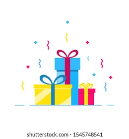 Colorfully packaged gift boxes. Lots of presents. Festive mood. Flat style vector illustration isolated on white background.