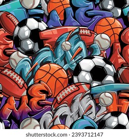 Colorfully Sport seamless pattern with soccer ball, basketball, rugby ball, football, baseball. Sports repeat print. Footballs endless ornament. Equipment for sport. sport Balls ornaments