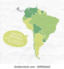 Colorfully vector hand illustrated map of South America. Detailed political map.