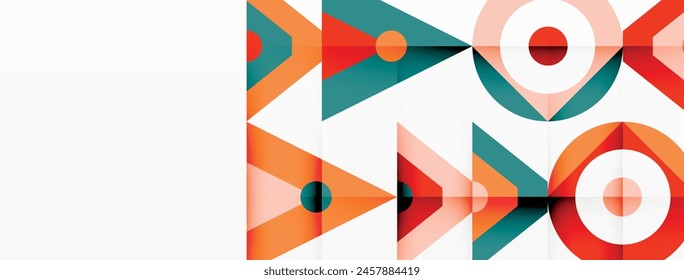 Colorfulness and creativity come alive in this textile art piece featuring an array of azure triangles and circles on a white background, accented with hints of orange and aqua