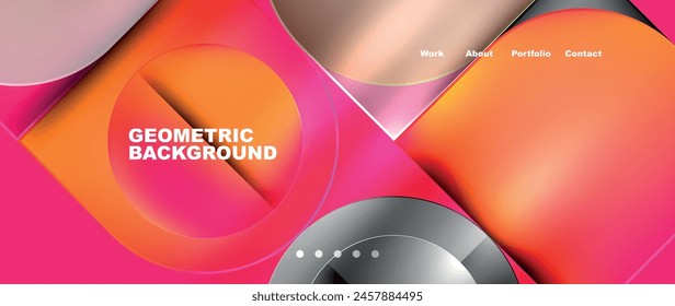 Colorfulness and patterns of circles and squares in red and magenta on a pink background. The design includes geometric shapes like circles and rims