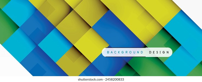 Colorfulness pops in a geometric background of blue, azure, and green shapes with a white border. Symmetrical rectangles and triangles create a vibrant pattern with hints of electric blue