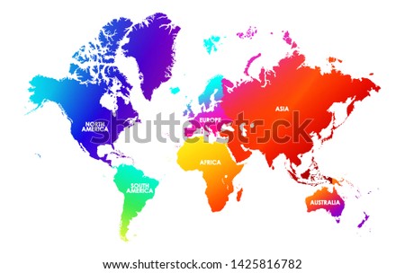 Colorfulness saturation world map, each continent in different trendy bright gradient colors and name