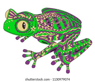 Coloried frog in patterned style.