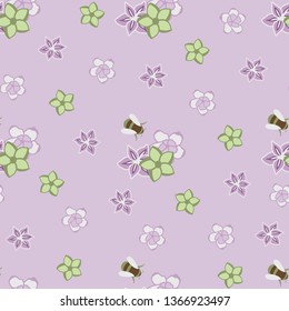 Coloriful vintage flower and bee in purple seamless pattern