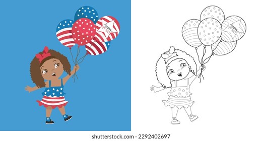 La coloración de los niños. 4 de julio página de colorear para niños de preescolar y preescolar. Colores página una linda chica sosteniendo globos con diseños de banderas estadounidenses Colores educativos imprimibles.