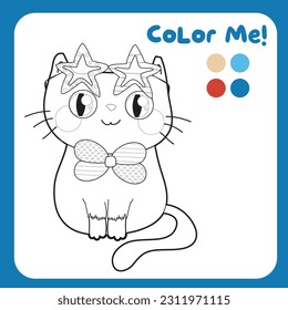 Coloring activity for children. 4th of July coloring page for kindergarten and preschool children. Coloring cute and kawaii kitten. Educational printable coloring worksheet. Vector file.