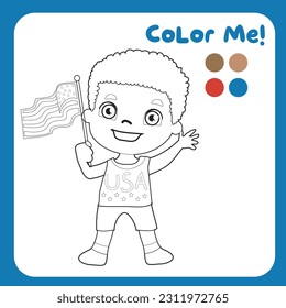 Coloring activity for children. 4th of July theme coloring page for kids. Colouring book of a cute little boy waving small the Flag of America. Vector file.