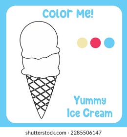 Coloring activity for children. Educational coloring worksheet. Printable coloring page or sheet outline of ice cream on white background. Practice worksheet for school and kindergarten. Vector file.
