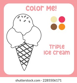 La coloración de los niños. Hoja de trabajo de coloreado educativo. Página de coloreado o contorno de hoja imprimible de helado sobre fondo blanco. Hoja de trabajo práctica para la escuela y el jardín de infancia. Archivo vector.