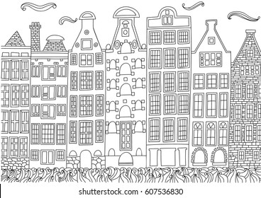 Coloring for adult with Amsterdam. Netherlands. Coloring page in line style. European landscapes. Europe collection. Vector illustration