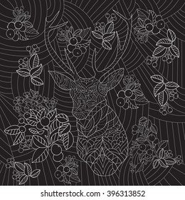 Coloring for adult anti-stress / deer head / zentangl style / template for greeting cards, T-shirts, invitations, Tattoo/ deer head in flowers