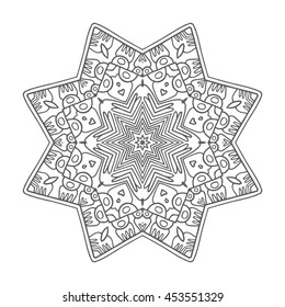 Coloring for adult anti-stress. Mandala. Circular pattern. Boho. Zentangl Tattoo style t-shirt, card. Arabic, Indian, turkish, ottoman motifs