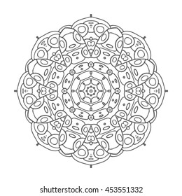Coloring for adult anti-stress. Mandala. Circular pattern. Boho. Zentangl Tattoo style t-shirt, card. Arabic, Indian, turkish, ottoman motifs