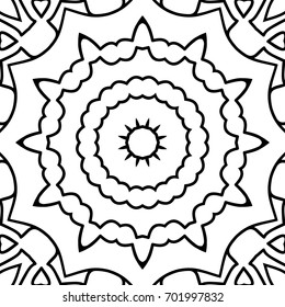 Coloring Adult Book. Black and White Seamless Pattern with Tribal Zentangle Mandala. Tribal Monochrome Pattern for Coloring Page, Textile, Paper. Vector