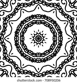 Coloring Adult Book. Black and White Seamless Pattern with Tribal Zentangle Mandala. Tribal Monochrome Pattern for Coloring Page, Textile, Paper. Vector
