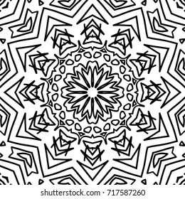 Coloring Adult Book. Black and White Seamless Pattern with Tribal Zentangle Mandala. Tribal Monochrome Pattern for Coloring Page, Textile, Paper. Vector