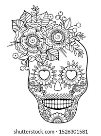 Coloring for adult for Day of the Dead. Mexican festival. Black and white coloring pages with skull and flowers