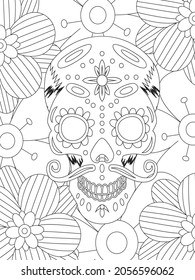 Coloring for adult for Day of the Dead. Mexican festival. Black and white coloring pages with skull and flowers