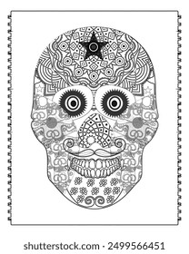 Coloring for adult for Day of the Dead. Mexican festival. Black and white coloring pages with skull and flowers