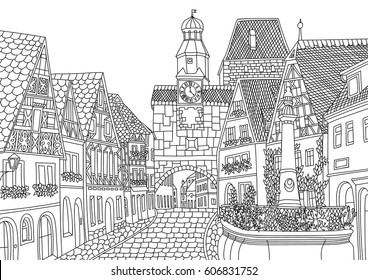 Coloring for adult with Luxembourg. Coloring page in line style. European landscapes. Europe collection. Vector illustration
