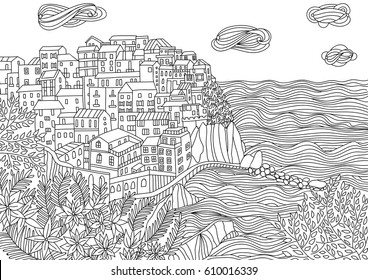 Coloring for adult with Monterosso al Mare. Italy. Coloring page in line style. European landscapes. Europe collection. Vector illustration